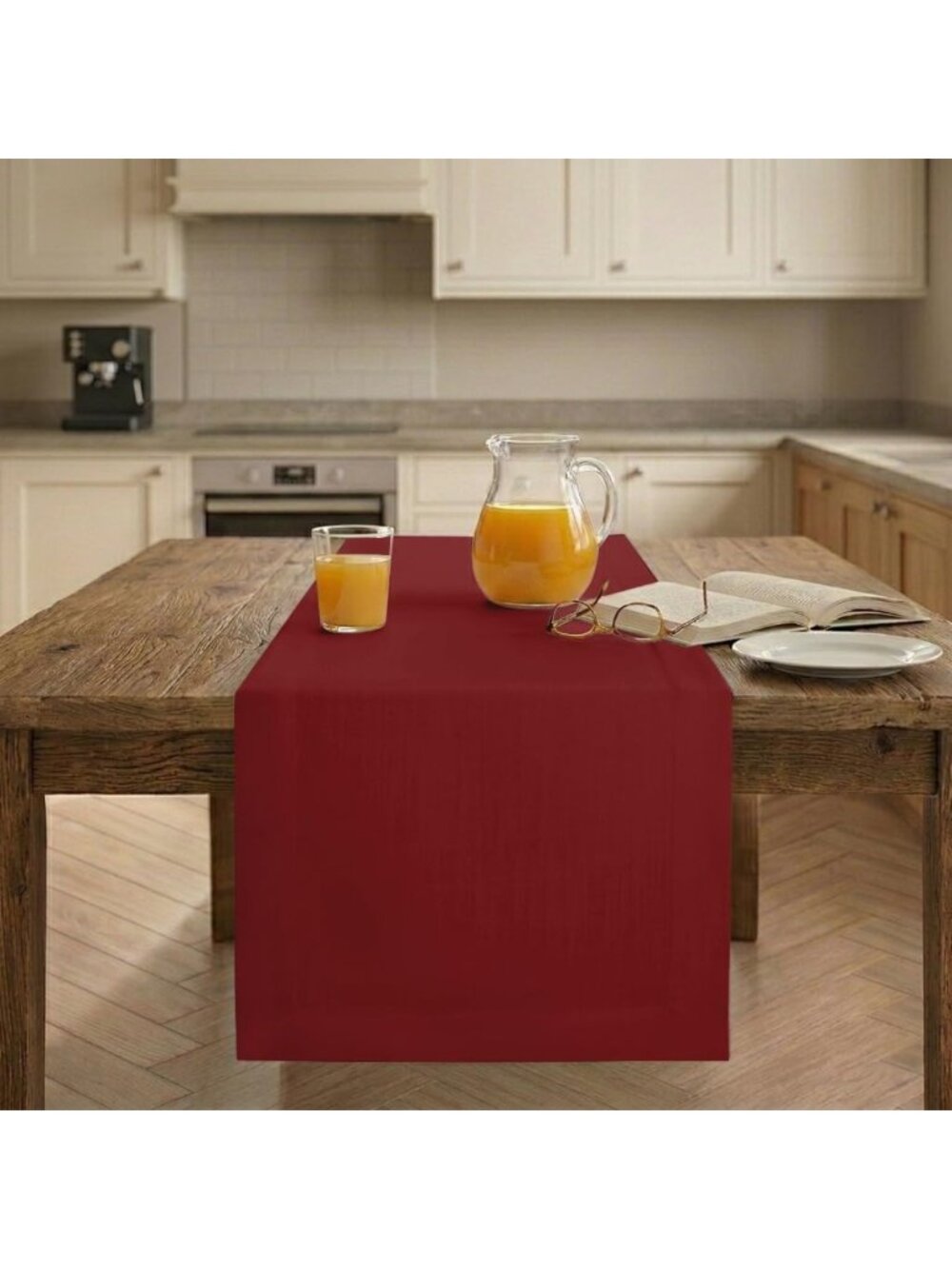 Linen-Look Table Runner, Recycled Fabric, Wrinkle Resistant, Red 14x144 Inch